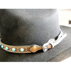 Western Products Leather Hat Band In Light Brown with Black Edging and Turquoise Conchos.